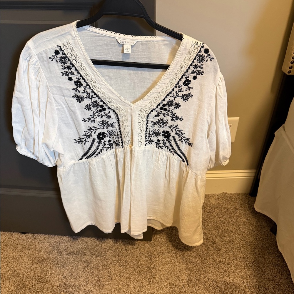 Cato White V-Neck Peasant Top with Black Floral Embroidery